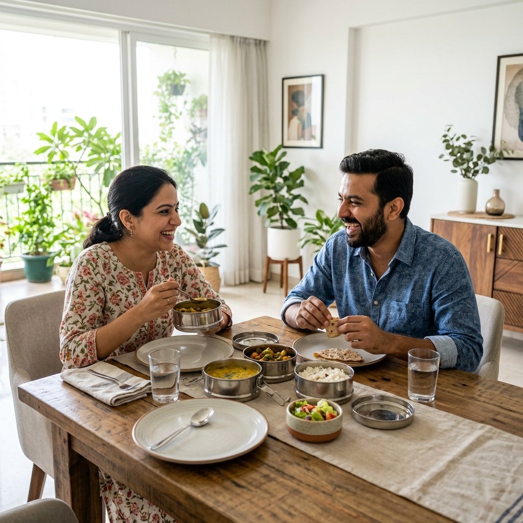 A happy Indian couple dining together using steel tiffin containers